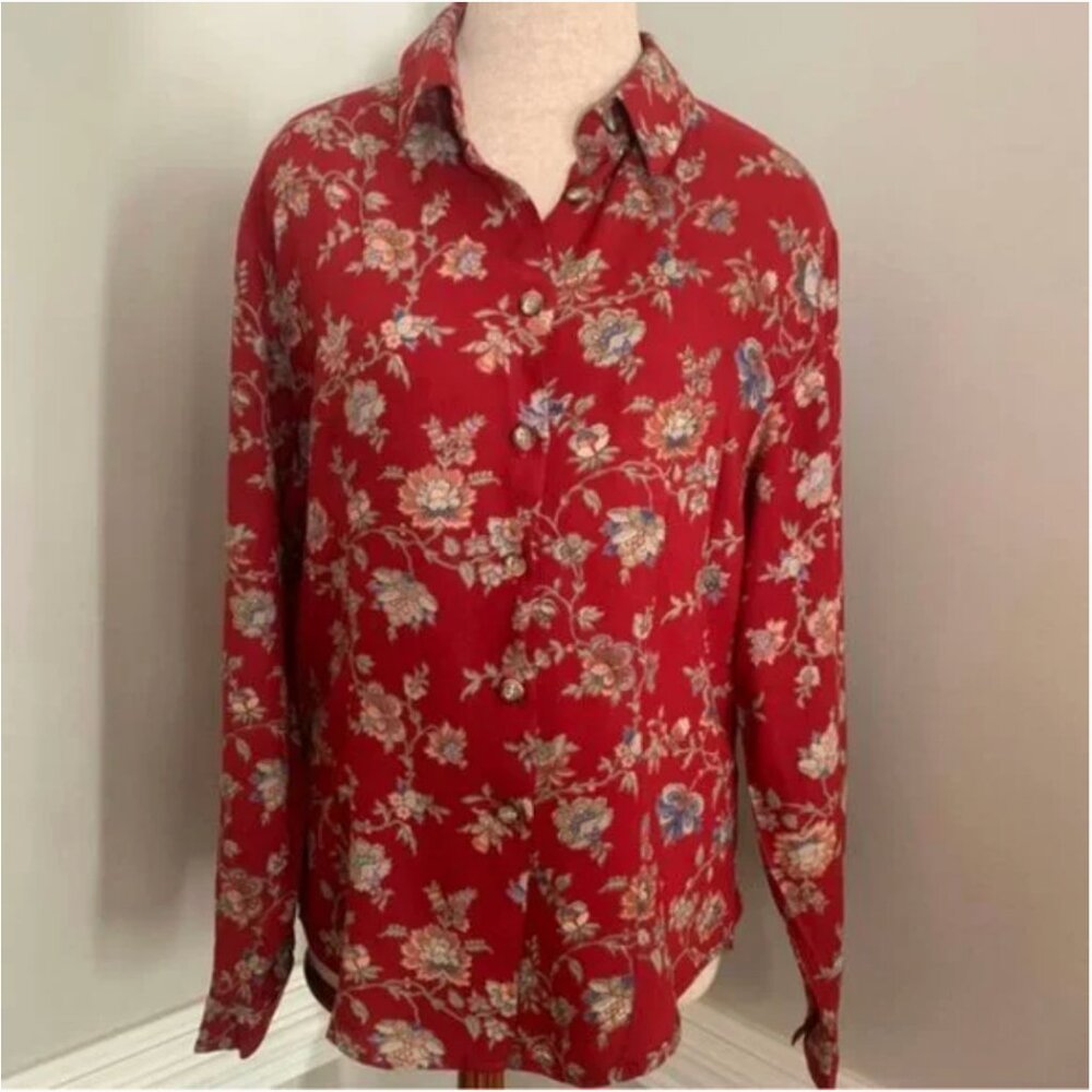 Willowbend Vintage Floral Rust Colored Button-up Long Sleeve Blouse Size Medium